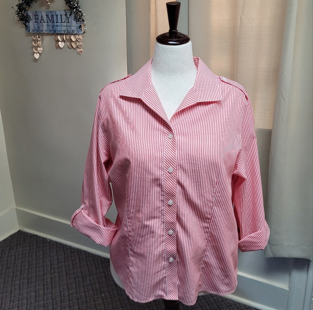 Chico's Size XL Red & White Stripped Button Down Shirt